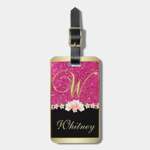 ÉTIQUETTE À BAGAGE ÉLÉGANT PARTIES SCINTILLANT ROSE NOIR MONOGRAMME F