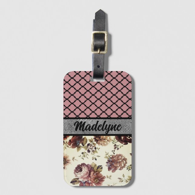 Étiquette À Bagage Élégant Pink Blush Floral Quatrefoil Personnalisé (Devant Vertical)