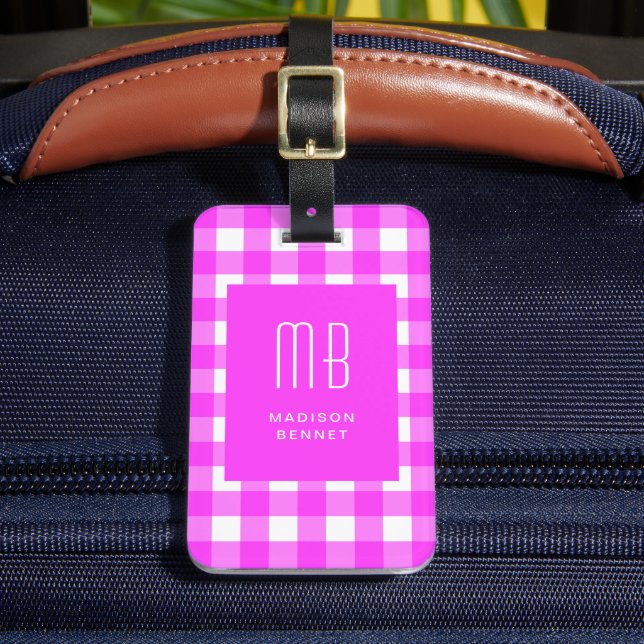 Étiquette À Bagage Elegant Pink Gingham Monogram (Insitu Rectoal 2)
