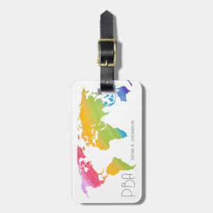 Étiquette À Bagage Élégant Plan du Monde Rainbow Pastel Nom Monogramm