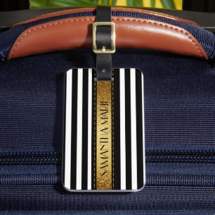 Étiquette À Bagage Élégant rayé noir blanc or personnalisé