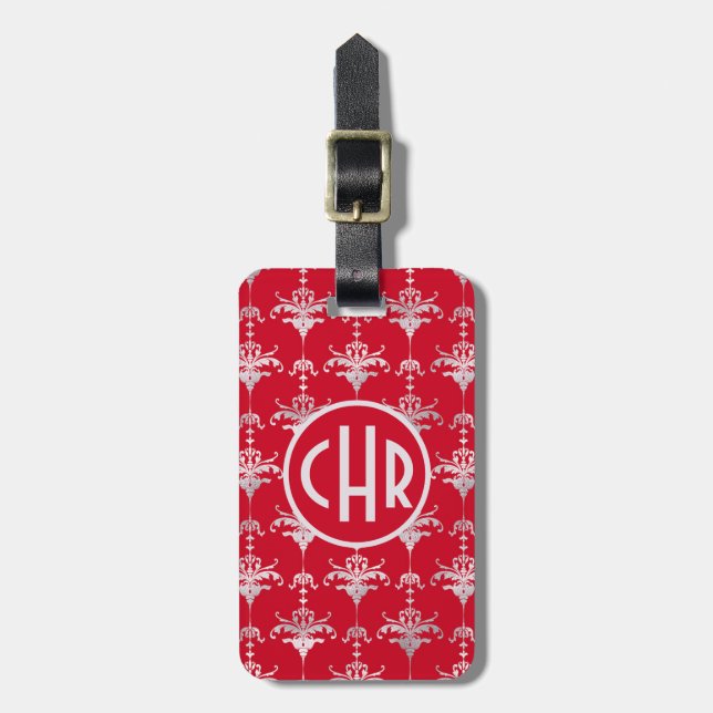 Étiquette À Bagage Elegant Red and White Damask Monogram (Devant Vertical)