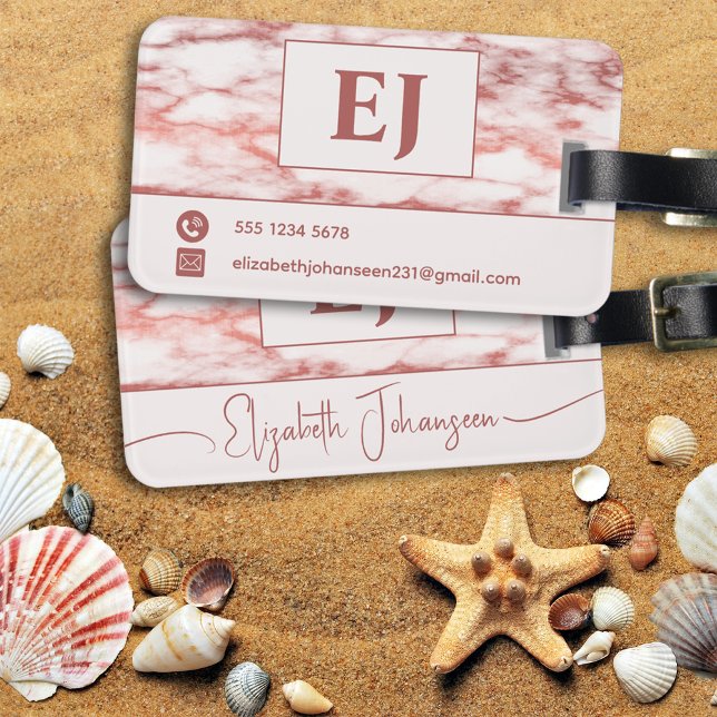 Étiquette À Bagage Élégant Rose élégant Or & Marbre blanc Monogramme (Créateur téléchargé)