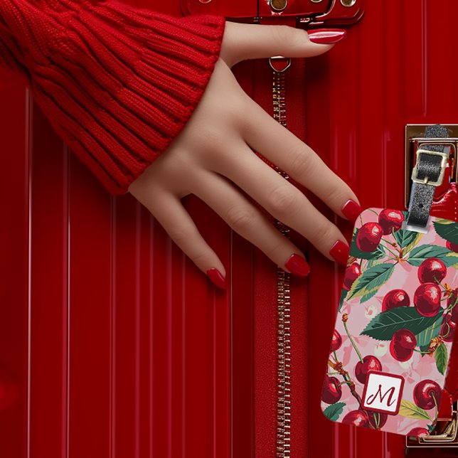 Étiquette À Bagage Élégant rose et rouge monogramme cerise (Stylish Monogrammed Vintage Pink and Cherry Red Luggage Tag)
