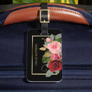 Étiquette À Bagage Elégant Rose Floral Gold Frame