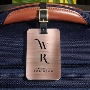 Étiquette À Bagage Élégant Rose Rose Or Métal Deux Monogrammes initia