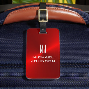 Étiquette À Bagage Élégant Rouge brossé Métallique Monogramme initial