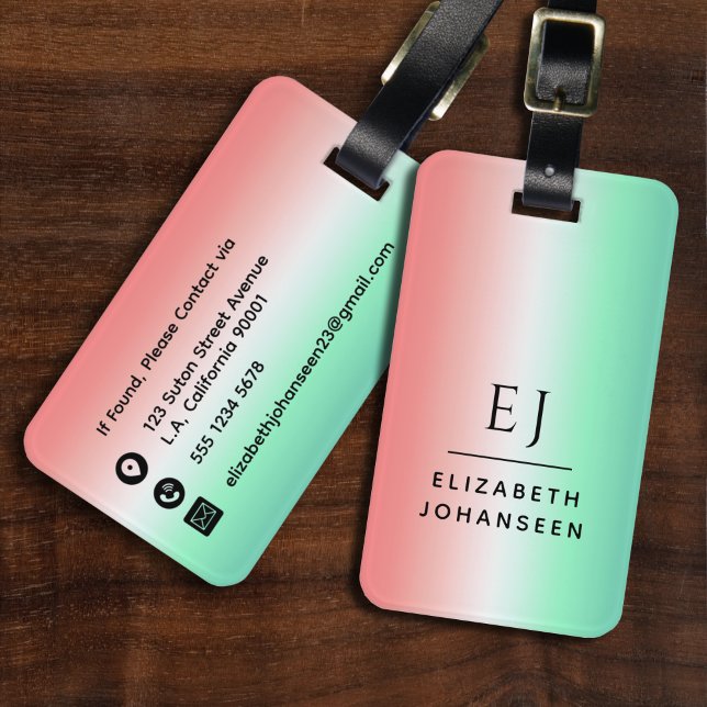 Étiquette À Bagage Élégant rouge vert blanc dégradé Monogramme initia (Créateur téléchargé)