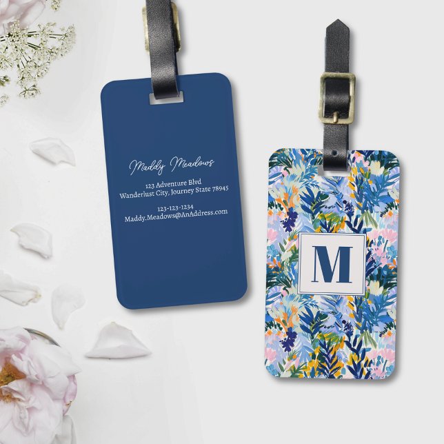 Étiquette À Bagage Élégant Royal Blue Abstrait Botanical Monogrammé (Monogrammed abstract floral luggage tag)