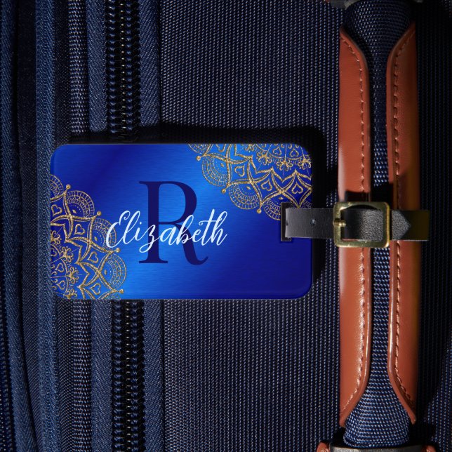 Étiquette À Bagage Elégant Royal Blue et or Mandala Monogrammé (Insitu Rectoal 4)
