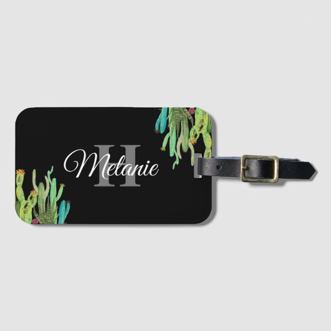 Étiquette À Bagage Élégant Script Black White Girly Floral Monogramme (Devant Horizontal)