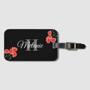 Étiquette À Bagage Élégant Script Black White Girly Floral Monogramme