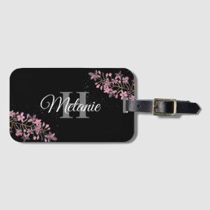 Étiquette À Bagage Élégant Script Black White Girly Floral Monogramme