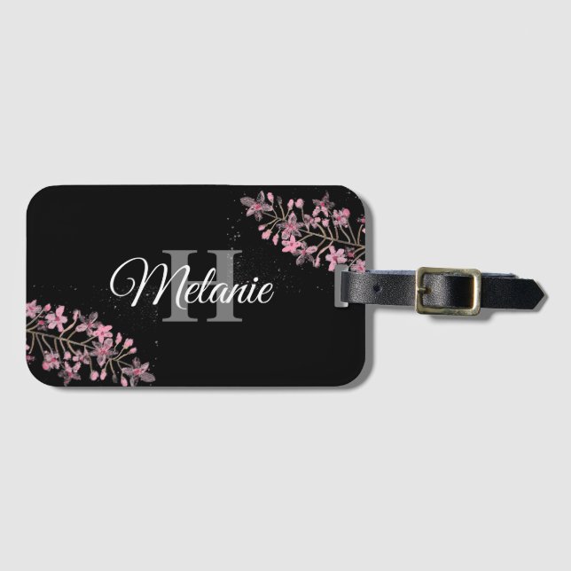 Étiquette À Bagage Élégant Script Black White Girly Floral Monogramme (Devant Horizontal)