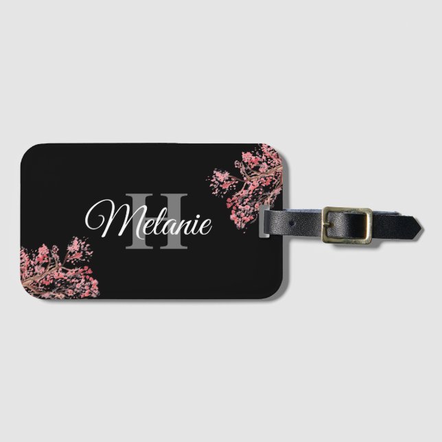 Étiquette À Bagage Élégant Script Black White Girly Floral Monogramme (Devant Horizontal)