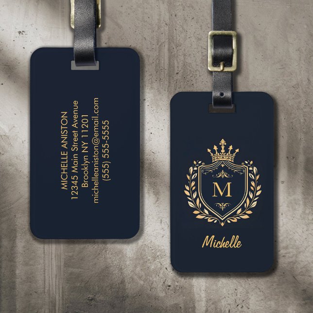 Étiquette À Bagage Élégant script Monogram Custom Luxury Black Gold (Créateur téléchargé)