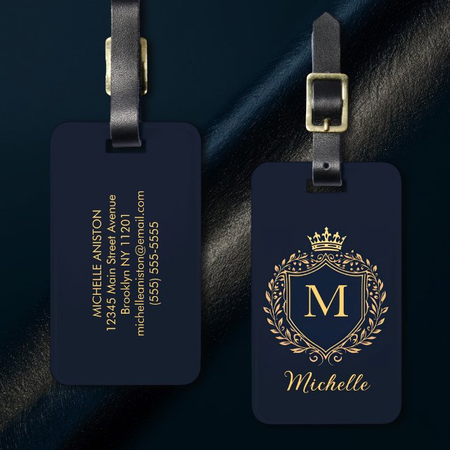 Étiquette À Bagage Élégant script Monogram Custom Luxury Black Gold (Créateur téléchargé)