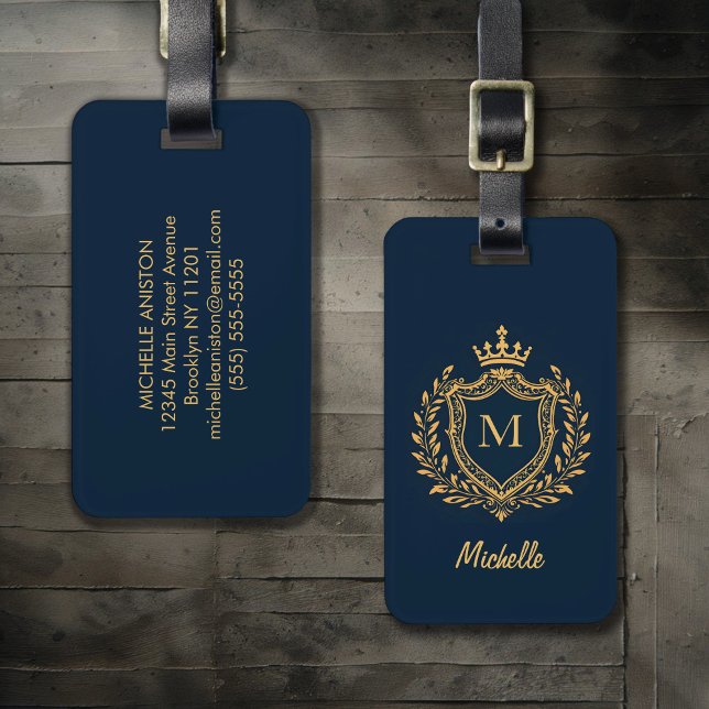 Étiquette À Bagage Élégant script Monogramme Personnalisé marine bleu (Créateur téléchargé)