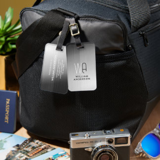 Étiquette À Bagage Elegant Silver & Black Metallic Brushed Monogram