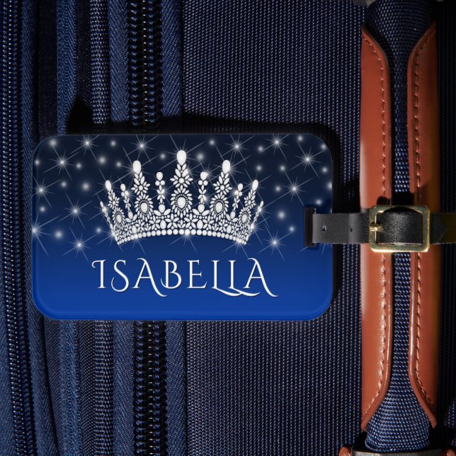 Étiquette À Bagage Elegant Sparkly Crown & Stars Royal Blue Monogram (Insitu Rectoal 4)
