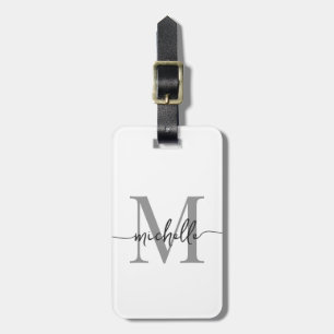 Étiquette À Bagage Élégant Style Blanc Gris Monogramme Initiale Scrip