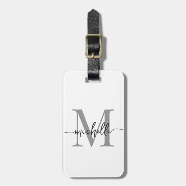 Étiquette À Bagage Élégant Style Blanc Gris Monogramme Initiale Scrip (Devant Vertical)
