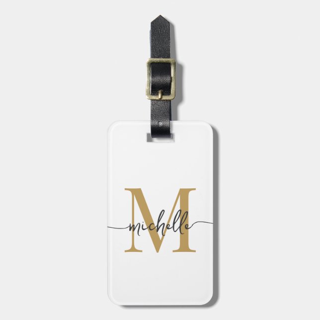 Étiquette À Bagage Élégant Style Blanc Or Monogramme Initiale Script (Devant Vertical)