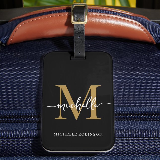 Étiquette À Bagage Élégant Style Noir Or Monogramme Initial Script (Insitu Rectoal 2)