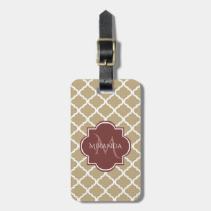 Étiquette À Bagage Élégant Tan Quatrefoil Bourgogne Monogramme et nom