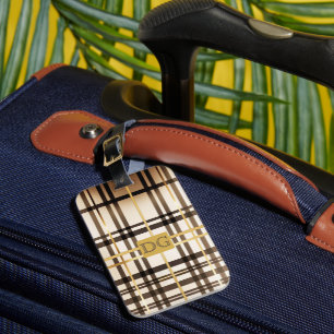 Étiquette À Bagage Élégant Taupe et or Plaid Monogramme