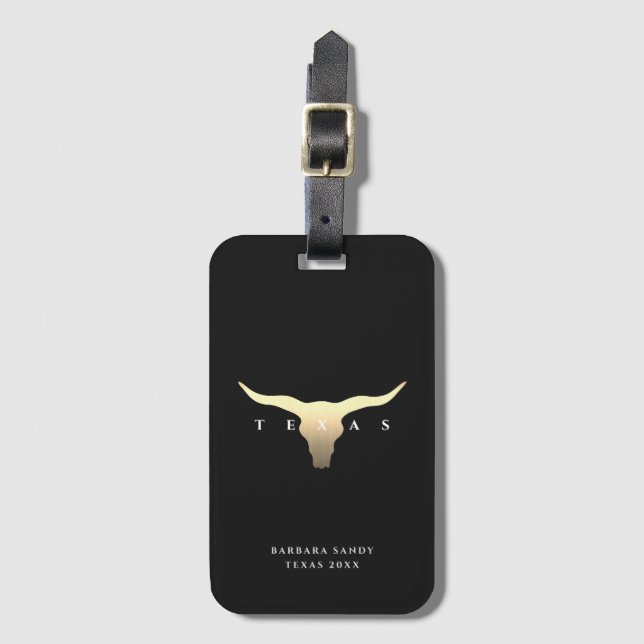 Étiquette À Bagage Elégant Texas Longhorn Black Faux Gold (Devant Vertical)