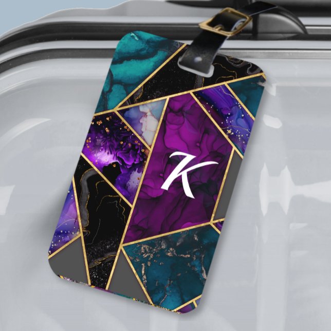 Étiquette À Bagage Elégant turquoise violet parties scintillant girly (Créateur téléchargé)