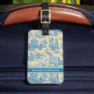 Étiquette À Bagage Elégant vintage jaune turquoise toile de jouy