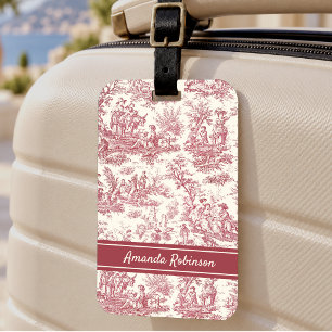 Étiquette À Bagage Élégant vintage rouge toile de Jouy