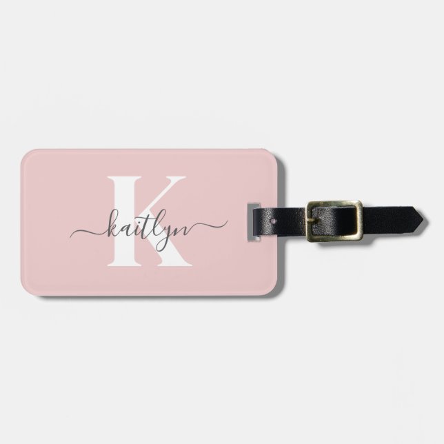 Étiquette À Bagage Élégant violet rose gris script Monogramme (Devant horizontal)