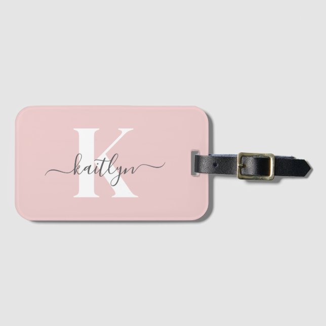 Étiquette À Bagage Élégant violet rose gris script Monogramme (Devant Horizontal)