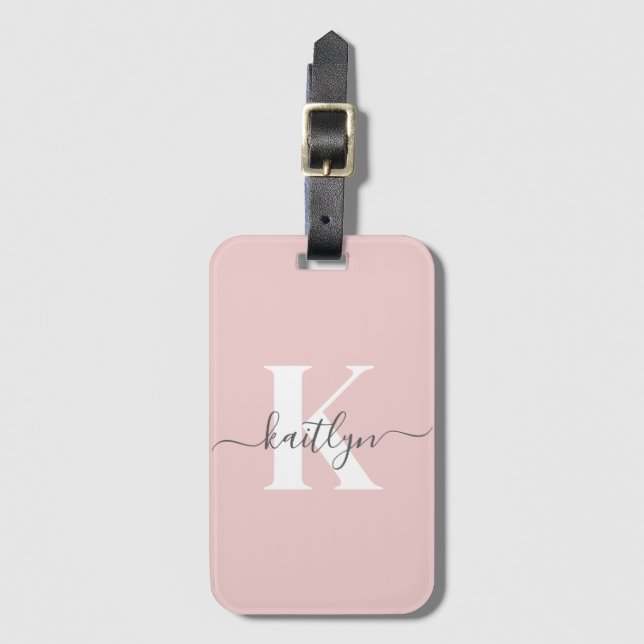 Étiquette À Bagage Élégant violet rose gris script Monogramme (Devant Vertical)