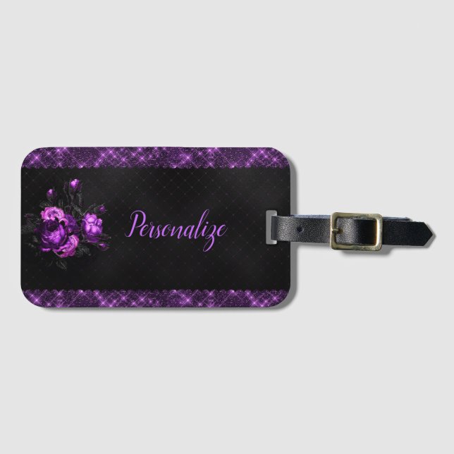 Étiquette À Bagage Elégant violet Roses & Bordure sur noir Personnali (Devant Horizontal)