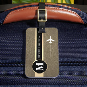 Étiquette À Bagage Élégant Voyageur Or Métal & Cuir Monogramme