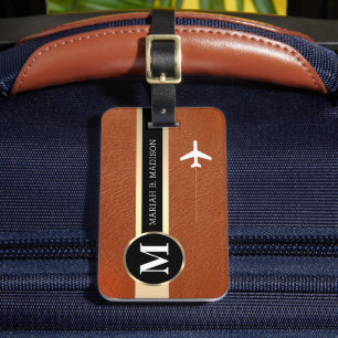 Étiquette À Bagage Élégant Voyageur Or Métal & Cuir Monogramme