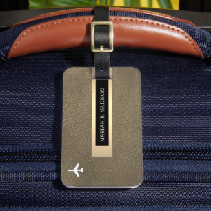 Étiquette À Bagage Élégant Voyageur Or Métal & Cuir Monogramme