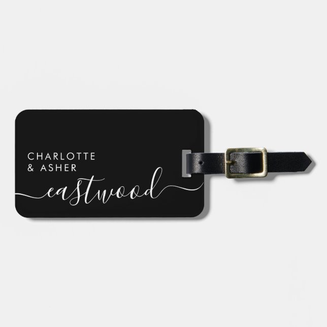 Étiquette À Bagage Elegant White On Black Monogram Script Name (Devant horizontal)