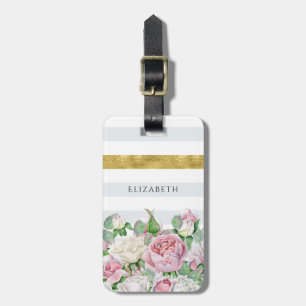 Étiquette À Bagage Élégante bande d'or FAUX avec roses roses et nom r