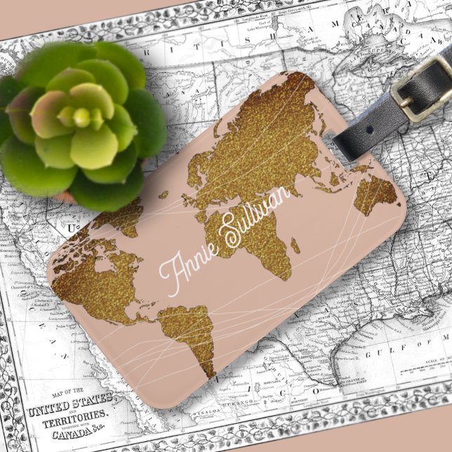 Étiquette À Bagage Elégante carte du monde de Faux Gold Voyage Rose D (Créateur téléchargé)