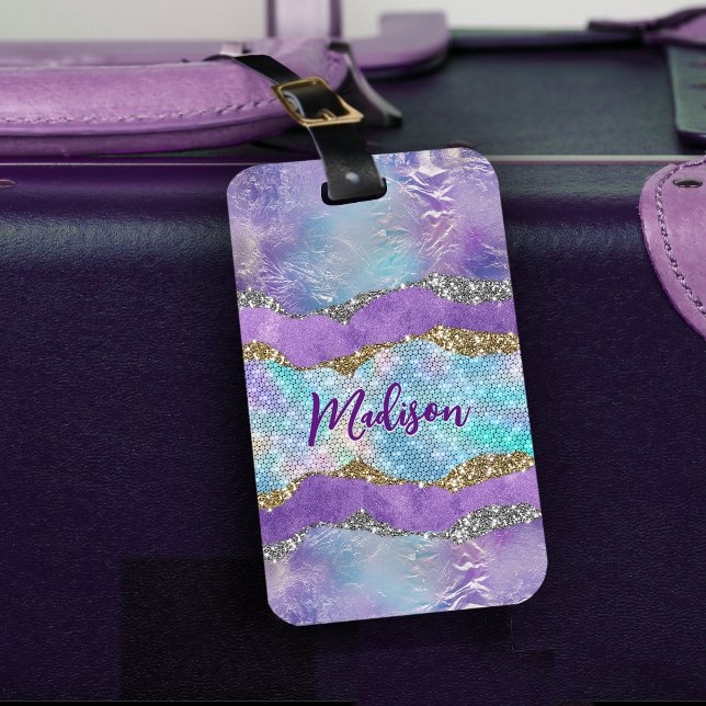 Étiquette À Bagage Élégante crème de sirène violet turquoise monogram (Créateur téléchargé)