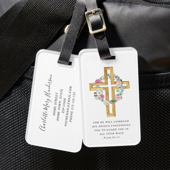 Étiquette À Bagage Elégante croix florale rose (Psalm 91:11 Bible Verse Religious Floral Cross Luggage Tag)
