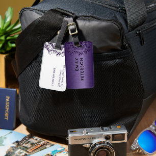 Étiquette À Bagage Élégante Dentelle Florale Violette Profonde Sur Vi