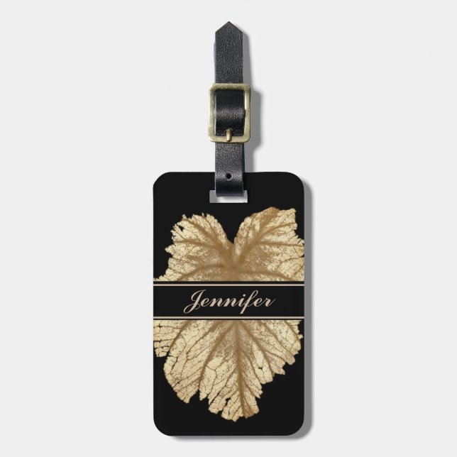 Étiquette À Bagage Elégante Feuille d'or noire femme luxe Personnalis (Devant Vertical)