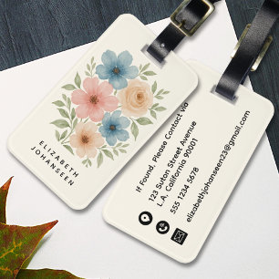Étiquette À Bagage Elégante Fille Aquarelle Bleu Beige & Fleurs Roses