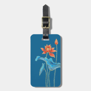 Étiquette À Bagage Elégante Fleurs de Lotus Orange et Bleu